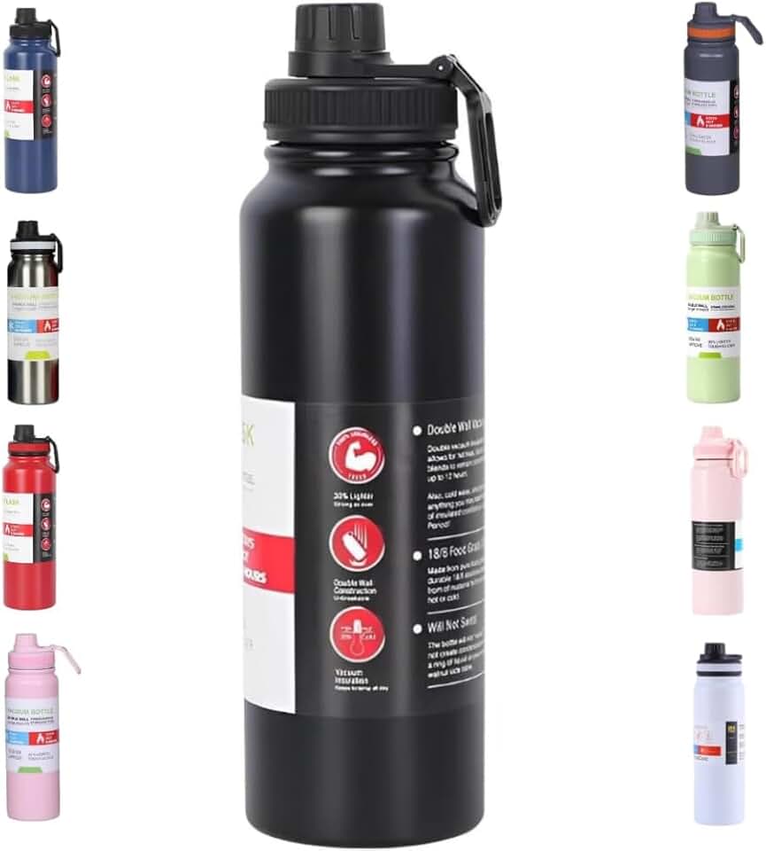 Garrafa Térmica de Água em Inox 800ml com Alça, Parede Dupla Isolada a Vácuo, Antivazamento, Preta, para Academia, Fitness, Corrida, Esportes, Escritório