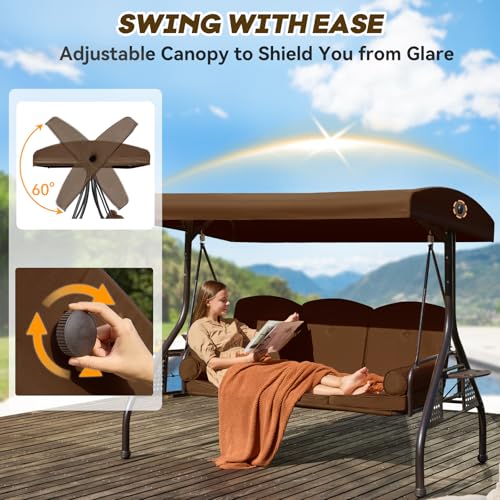 Image of 3 in 1 Outdoor Porch Swing with Adjustable Canopy, 3 Seat Outdoor Swing for Adults, Patio Swing Chair with Thickened Cushions,Pillows & Cup Holders for Backyard, Porch, Garden (Brown)