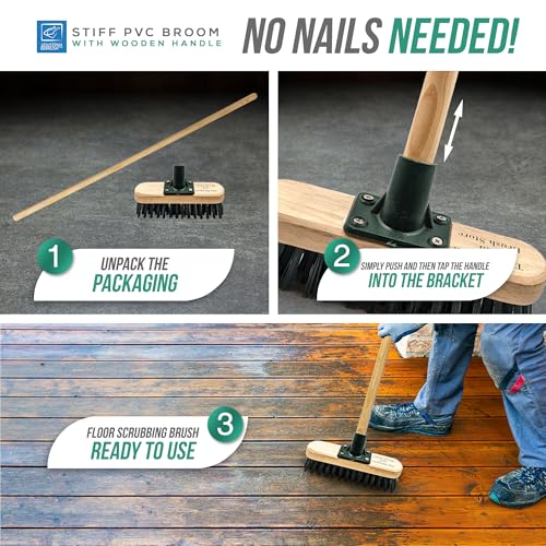 9" Stiff Heavy Duty Long Handled Scrubbing Brush Deck Broom with Wooden Handle PVC Bristles