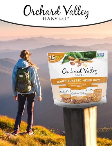 Orchard Valley Harvest Honey Roasted Mixed Nuts, 1 Ounce Bags (Pack of 15), Almonds, Peanuts, Pecans, and Cashews, Gluten Free, Non-GMO, No Artificial Ingredients