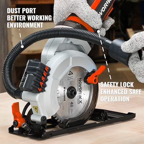NovorikX 20V Mini Circular Saw Cordless 4-1/2" with Laser 3400RPM, 2 Saw Blades with Rip Guides, Max Cutting Depth 1-11/16" (90°), 1-1/10" (45°) for Wood,Soft Metal, Plastic, Drywwall, Tile Cuts - Image 4