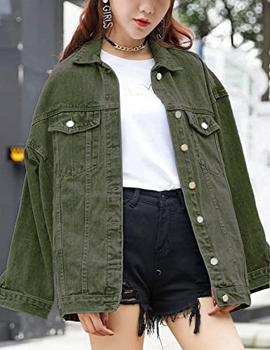 Omoone Women's Oversized Mid Long Denim Jacket Jean Biker Coat(0199-Green-S) #TOP1
