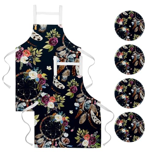 Tablier de cuisine ethnique vintage Dreamcatcher avec plumes et fleurs