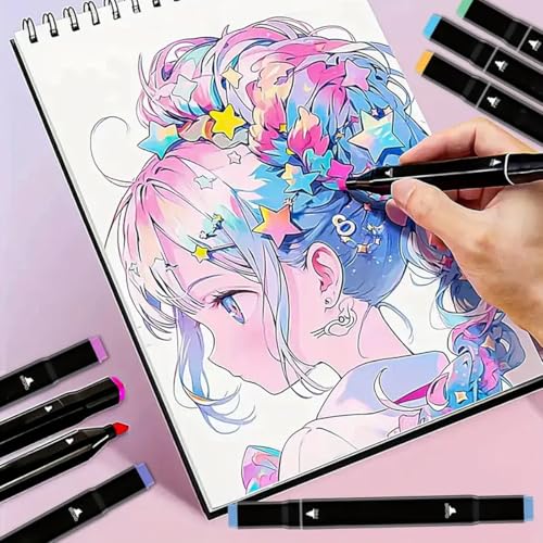 Image of EMNDR 24 Colors Dual Tip Art Markers Set, Permanent Alcohol Based Sketch Pens with Fast Drying Ink for Drawing & Illustration, Includes Carrying Case, 24 Pcs