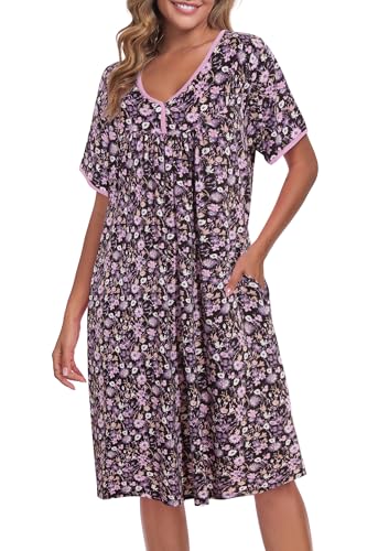 Image of AVIIER Nightgows for Women Soft Cotton Night Shirts Short Sleeve Sleepwear with Pockets