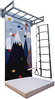 Moon Kids Climbing Wall Panel with Mountain Graphic,Ladder & Monkey Bar-Indoor Gymnastics Playground Climbing, Training, Obstacle Activities for Kids Ages 4.5 Years Old - with Mat for Kids Safety