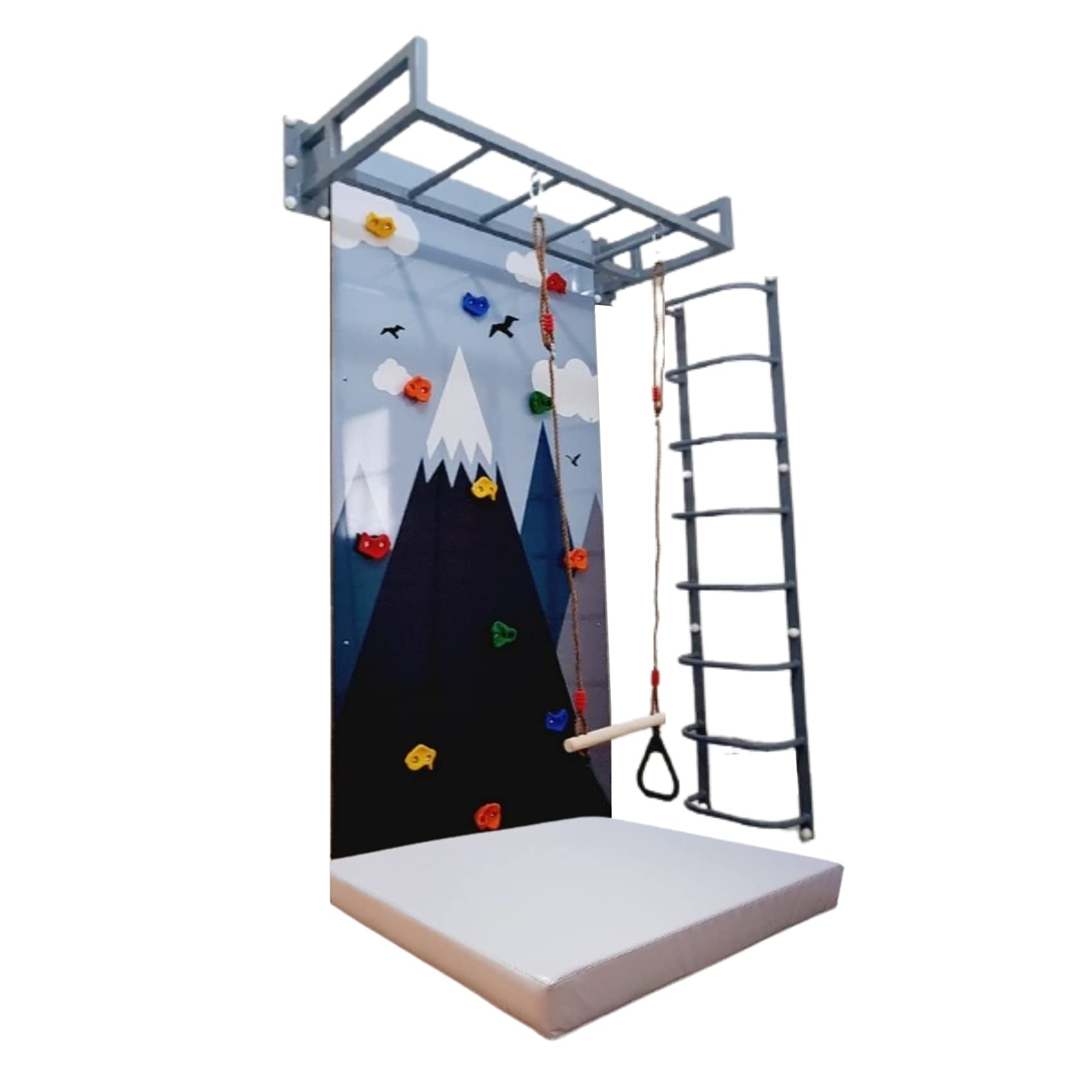Moon Kids Climbing Wall Panel with Mountain Graphic,Ladder & Monkey Bar-Indoor Gymnastics Playground Climbing, Training, Obstacle Activities for Kids Ages 4.5 Years Old - with Mat for Kids Safety