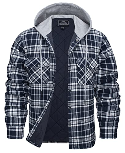 KEFITEVD Chemises de Travail Chaudes avec Capuche Vestes Coupe-Vent en Flanelle Chemises Matelassées Sweats à Capuche Multi-Poches,Bleu Marine,3XL Cover