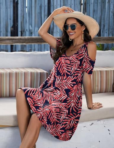 Image of JollieLovin Womens Plus Size Short Sleeve Cold Shoulder V Neck T-Shirt Dress with Pockets