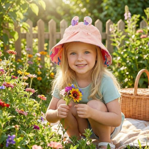 Image of SNOWIE SOFT Wide Brim Sun Hat for Kids Girls with Neck Flap Shawl, UPF 50+ Adjustable Chin Strap Sun Protection Hat for Girls 2-10 Years Old, Summer Breathable Sun Visor Hat Windproof Beach Hat