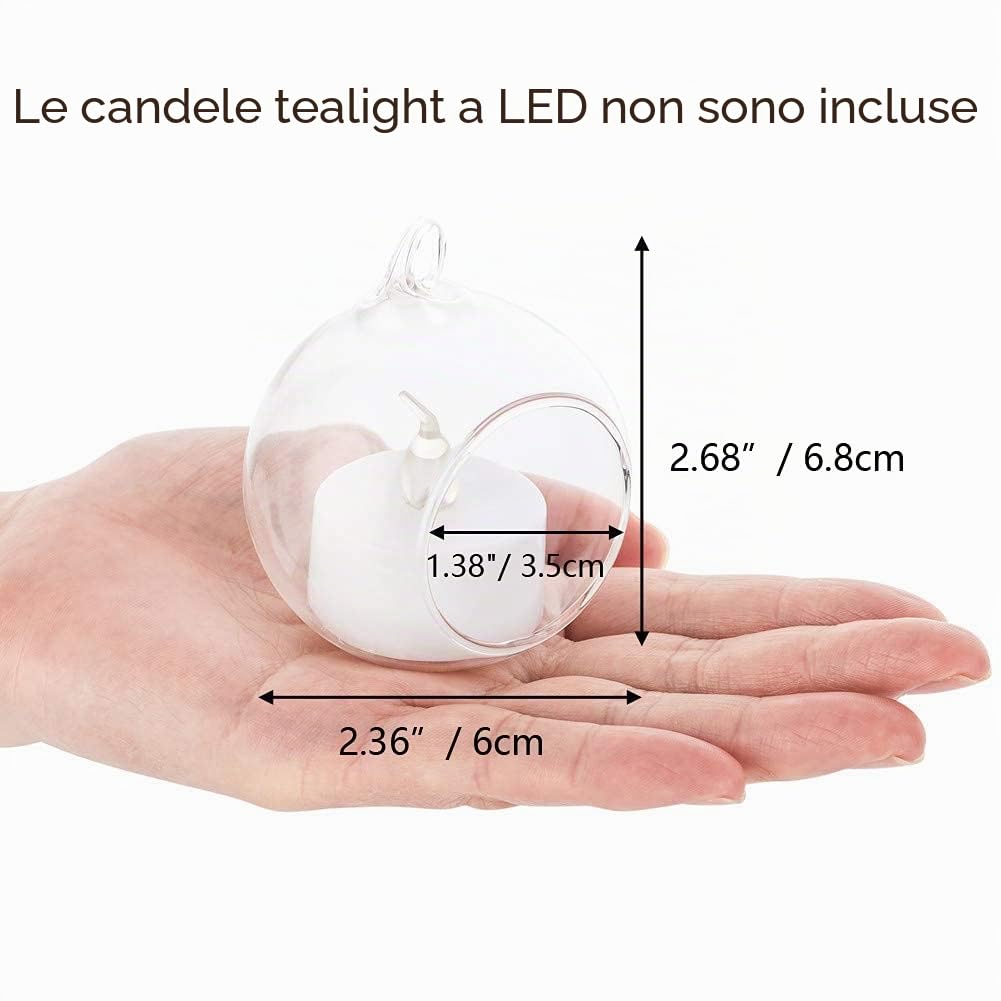 Nuptio 24 Pezzi Portacandele Vetro Appendere Globo 6cm Diametro, Ornamenti Appendere per Lumini Matrimonio Natale Halloween Regali Fai Te per Casa, Giardino Esterno
