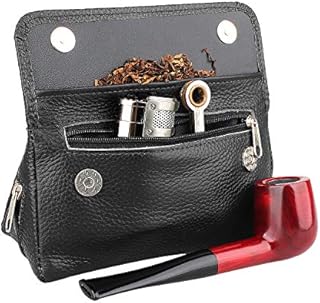 Genuine Leather Smoking Tobacco Pipe Pouch Case Bag for 2 Pipes Tamper Filter Tool Cleaner Preserve Freshness (Black)