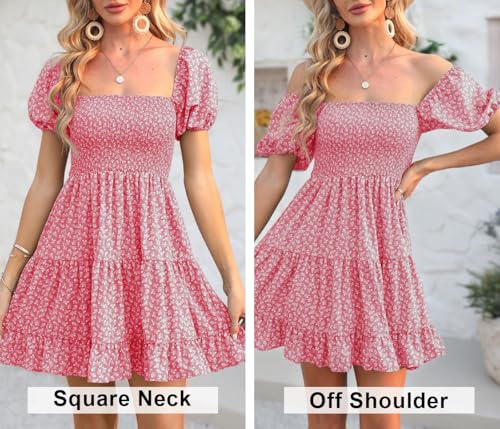 Image of Veatzaer Women's Puff Sleeve Square Neck Smocked Babydoll Dress Boho Floral Print Off Shoulder Ruffle Mini Short Dress
