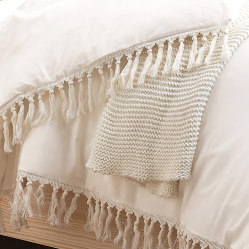 Image of Bohemian Boho Chic Ivory Macrame Tassel 3 pc. Full /Queen Size Bed Bedding Duvet Comforter Cover and Sham Set Solid Cream Off White Cotton Fringe Textured Tufted Luxury Minimalist Farmhouse Indie