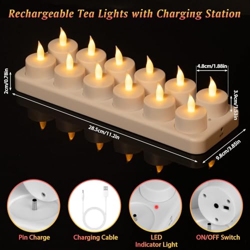Velas de té LED recargables sin llama con estación de carga USB y control remoto, pack de 12 4
