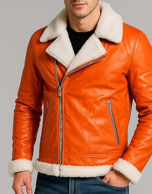 Men’s Ginger Orange Genuine Sheepskin Sherpa Shearling Faux Fur Lined Winter Warm Pilot Air Force Aviator B3 Bomber Leather Jacket4