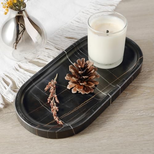 Image of Koville Black Marble Vanity Tray for Bathroom Countertop, 10 inchx5 inch Natural Marble Catchall Tray Perfume Trays for Dresser, Stone Jewelry Dish Candle Holder for Home Decor, Stone Oval Trays