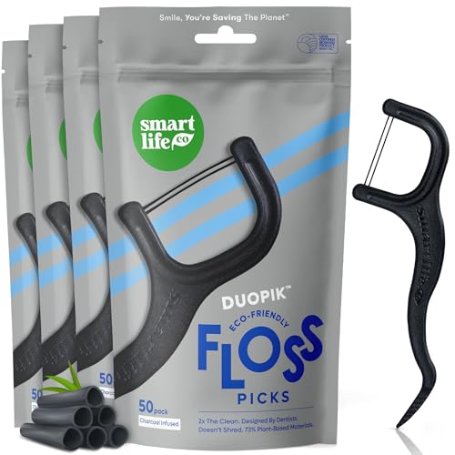 Image of SmartLifeco Eco-Friendly Dual-Thread Dental Floss Picks (200ct) - Flossers Made with Straw Wheat Blend, Natural Teeth Whitening, Tooth Pick Stick for Adults, Activated Bamboo Charcoal Floss Thread