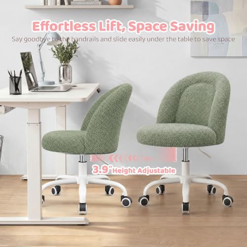 Image of DurayLoly Armless Vanity Chair with Wheels, Ultra-Soft Teddy Fleece, Adjustable Height & 360Swivel, Rolling Desk Chair for Bedroom, Dorm & Vanity Table, Ideal for Teens & Adults, Sage Green