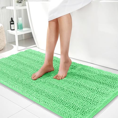 Image of OLANLY Thick Bathroom Runner Rugs 44x24, Extra Absorbent Chenille Striped Bath Rugs, Rubber Backing, Machine Wash Dry, Long Bath Mats for Bathroom, Tub and Shower, Home Decor Accessories, Mint Green