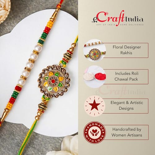 Image of eCraftIndia Set of 2 Yellow, White & Maroon Designer Diamond Rakhis with Roli Chawal Pack