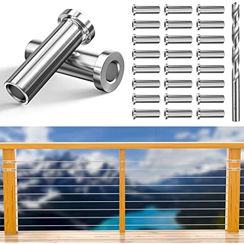 Steel DN Mate T316 Stainless Steel Protector Sleeves for 1/8" Wire Rope Deck Railing, 30 Packs Cable Railing Post/Wood Post Protective Sleeve for Deck Cable Railing Kit with Drill Bit, DIY Balustrade Cover