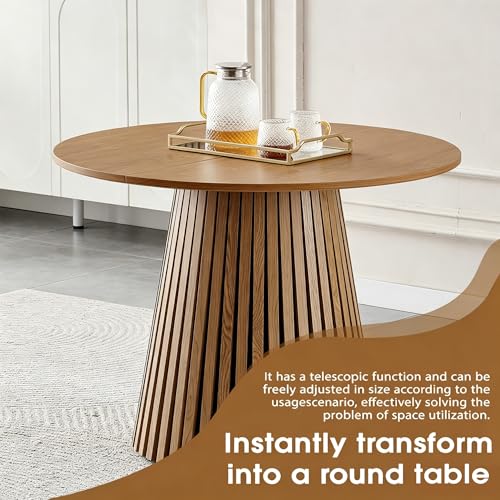 Image of 39.37 inch-70.87 inch Round Extendable Dining Table for 4 6 8, Wooden Expandable Oval Kitchen Table with Slatted Table Legs, Modern Farmhouse Extending Table for Dining Room Living Room Open Kitchen Space