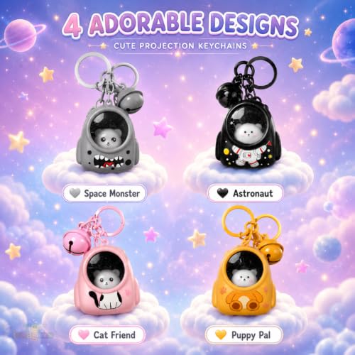 Image of Toy Imagine Cute LED Glowing Animal Keychain for Kids (Pack of 4) Kawaii Cat Astronaut Bag Charm with Bell Backpack & School Bag Accessory Return Birthday Gift for Girls, Boys, Teens (Random Designs)