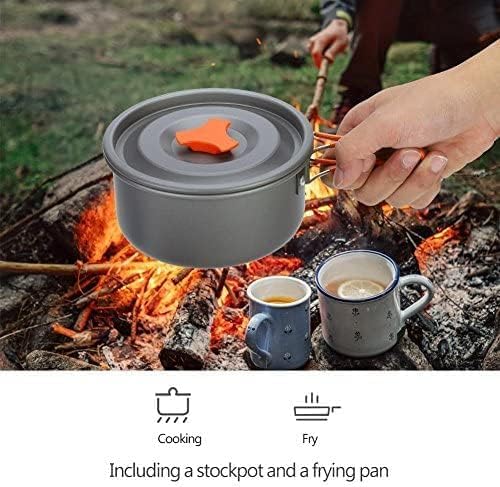 Image of Portable Camping Cookware Set - Non-Stick Outdoor Cooking Pot & Pan Kit with Folding Handles, Soup Spoon, Wooden Spatula, Bowls, Cleaning Sponge & Carrying Pouch (Campain Cooking Set 01)