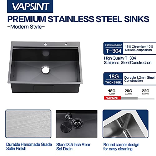 Vapsint 33 X 22 Inch Large Single Bowl Topmount Black Drop In Kitchen Sink,304 Workstation Stainless Steel Kitchen Sinks Deep Overmount Basin Sink With Grid,Drainer,Cutting Board And Colander #TOP3