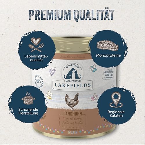 Lakefields Premium Welpenfutter Nass | Huhn 61% | 6 x 800g | Getreidefreies Hundefutter für Welpen | Natürliche Zutaten in Lebensmittelqualität | Karotten, Kartoffeln & Apfel | Schonend gegart