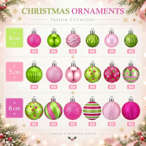 Image of Lunmon 64 Pcs Lime Green Pink Christmas Ornaments Sets Polka Dot Xmas Balls