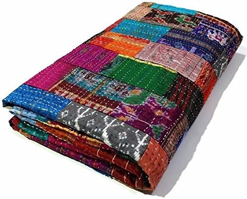 Manglam arts Queen Size Patchwork Silk Kantha Quilt 90X108 Inch Silk Bedcover Indian Silk Patola Quilt Throw Blanket By