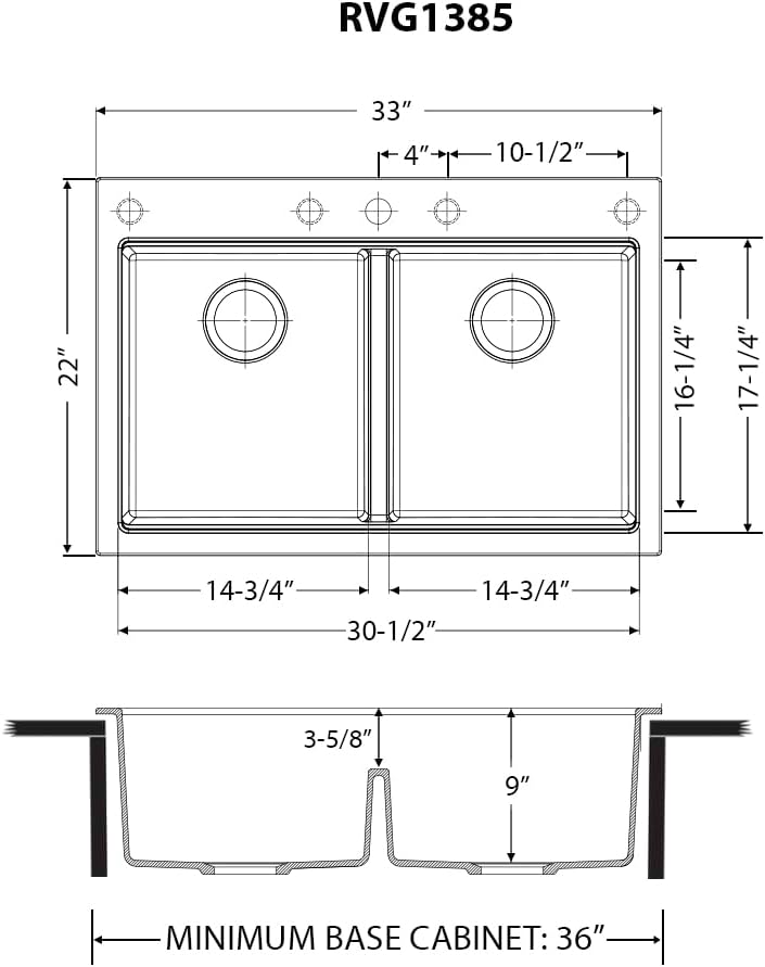 Ruvati 33 x 22 inch epiGranite Drop-in TopMount Granite Composite Quartz Double Bowl Low Divide Kitchen Sink - Midnight Black - RVG1385BK