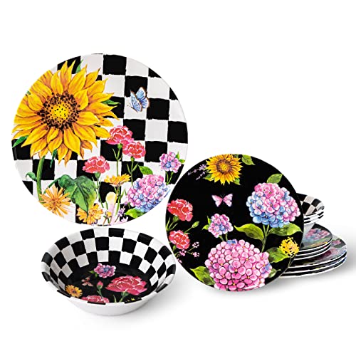 Lehaha Sunflower 12-Piece Melamine Dinnerware Set Include Plates/Dishes And Bowls, Service For 4, Bpa Free And Unbreakable Black Plaid Floral Dish Set For Indoor And Outdoor Use… #TOP19
