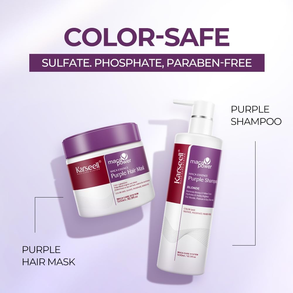 Karseell Masque Cheveux Violet et Shampooing Violet, Neutralise Les Reflets Jaunes, Répare Les Cheveux Abîmés, pour Cheveux Blonds, Platine, Blancs Ou Gris, 2 x 500ml