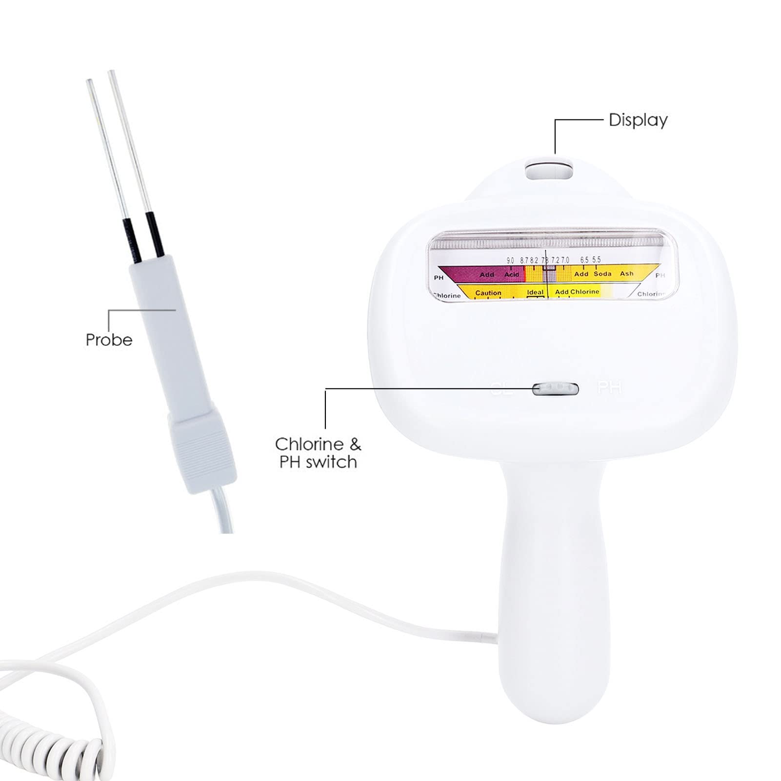 Fockety Tester Di Qualità Del'acqua, 2 in 1 Portatile Cloro e Ph Tester per Piscina Cloro, Analisi della Qualità Del'acqua Monitor Ph Meter con Sonda per Piscina Spa