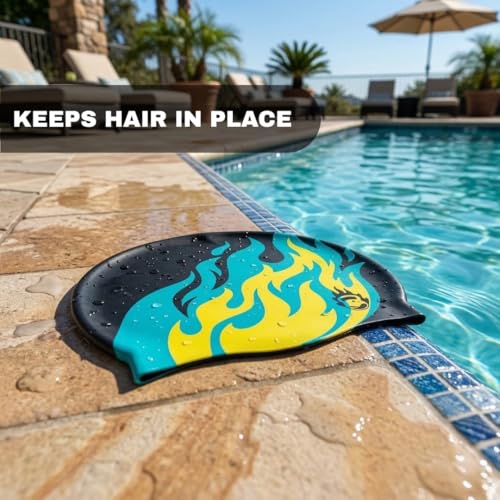 Image of Burnlab Silicone Swimming Cap for Pool Training and Daily Use, Comfortable Stretch Fit, Adult (Black Big Flame)