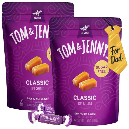 Tom & Jenny's Sugar Free Candy (Soft Caramel) with Sea Salt and Vanilla - Low Net Carb Keto Candy - with Allulose and Maltitol - (Classic Caramel, 2-pack)