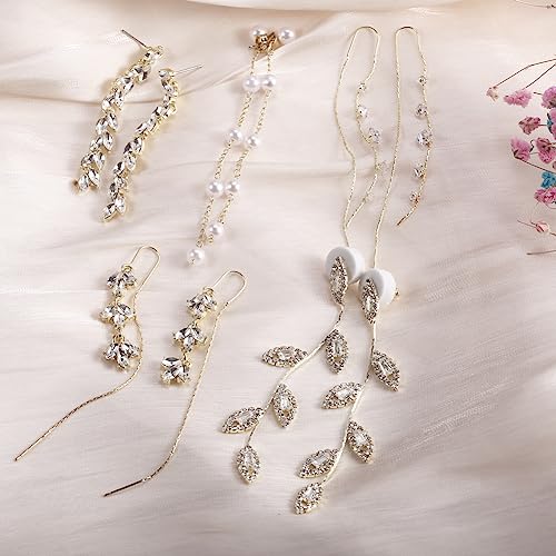 SUNNYOUTH 9 Pairs Long Tassel Dangle Earrings for Women Sparkling CZ Threader Drop Earrings Chain Olive Leaf Wedding Bridal Earrings Set4