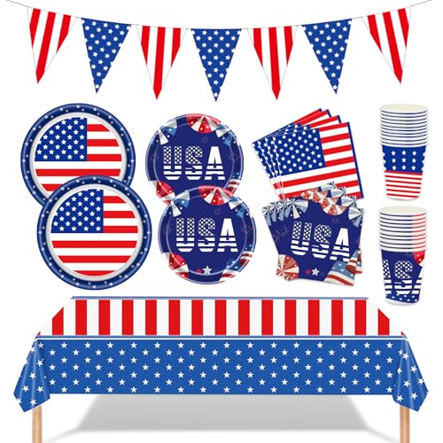 American Flag Patriotic Party Supplies 98Pcs Veterans Day Election Day 4th of July Independence Day Decoration Include Disposable Plates, Napkins, Cups, Banner and Tablecloth (Independence Day)