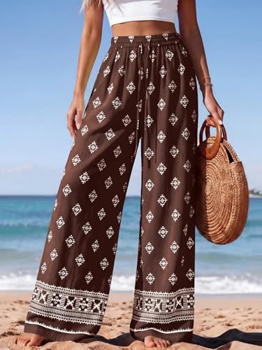 Image of PRETTYGARDEN Womens Pants Elastic Waist Floral Lightweight Palazzo Pants for Women Casual Lounge Wide Leg Pants Woman
