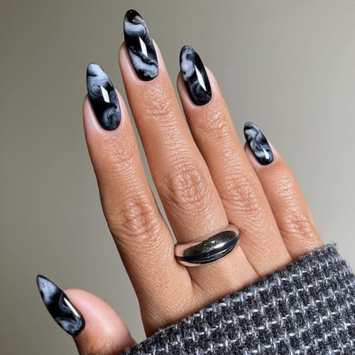 LPOODDNU Almond Press on Nails - Medium Black Fake Nails with Mar...