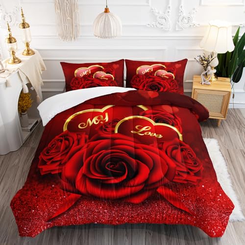 Image of AILONEN Red Rose Comforter Set Queen Size,Romantic Hearts Couple Love Bedding Set,3D Rose Floral Bedding Queen Comforter Set Glitter Bed in a Bag 3 Pieces, 1 Quilt and 2 Pillowcases