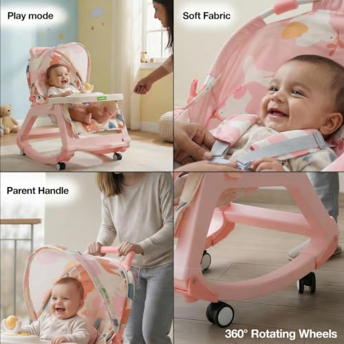 Image of Baybee Baby Rocker & Bouncer Chair for 0-3 Years | Baby Feeding Chair with Push Rocker Mode, Adjustable Canopy, Hanging Toys, 360 Wheels & 3-Point Safety Belt (Pink)