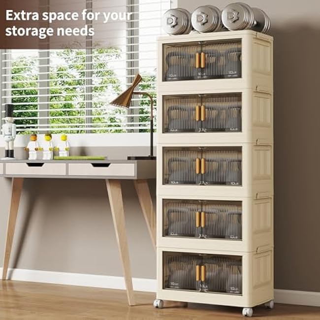 5 Tier Stackable Plastic Storage Bins with Lids 48QT, Collapsible Closet Organizers and Storage with Wheels for Living Room,Office,Dorm