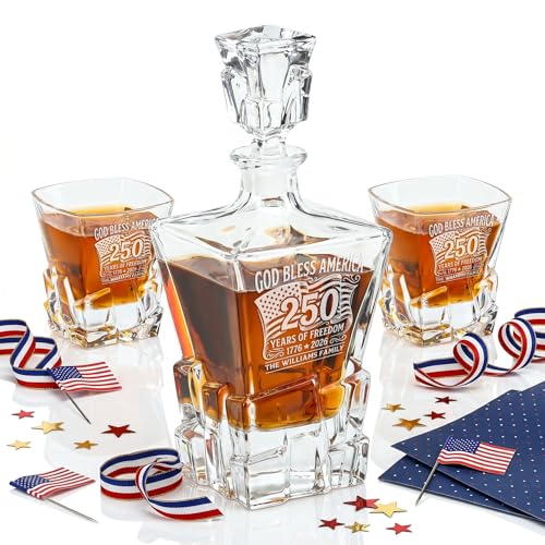 Personalized USA 250th Anniversary Whiskey Decanter Set with Optional Rocks Glasses Custom 25 oz Bourbon Decanter 9 Engraving Designs Engraved in USA Patriotic Gift for Men