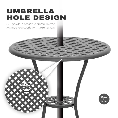 Image of NUU GARDEN 3 Piece Bistro Table Set Cast Aluminum Outdoor Patio Furniture with Umbrella Hole and Grey Cushions for Patio Balcony, Black