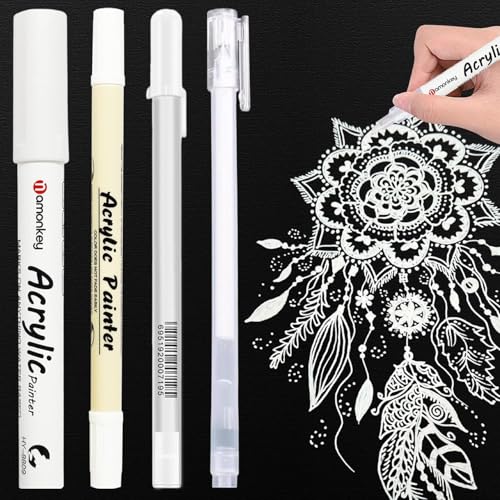 White Gel Pens 4PCS White Pens 0.6/0.8/1/2mm Ink Pens Line Drawing Pen for Artists Highlight Rollerball Pens for Black Paper Sketching Drawing Illustration