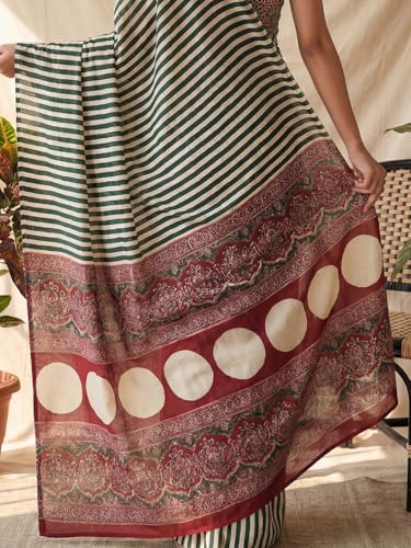 Image of AKHILAM Women's Pure Crepe Striped Printed Saree With Unstitched Blouse Piece